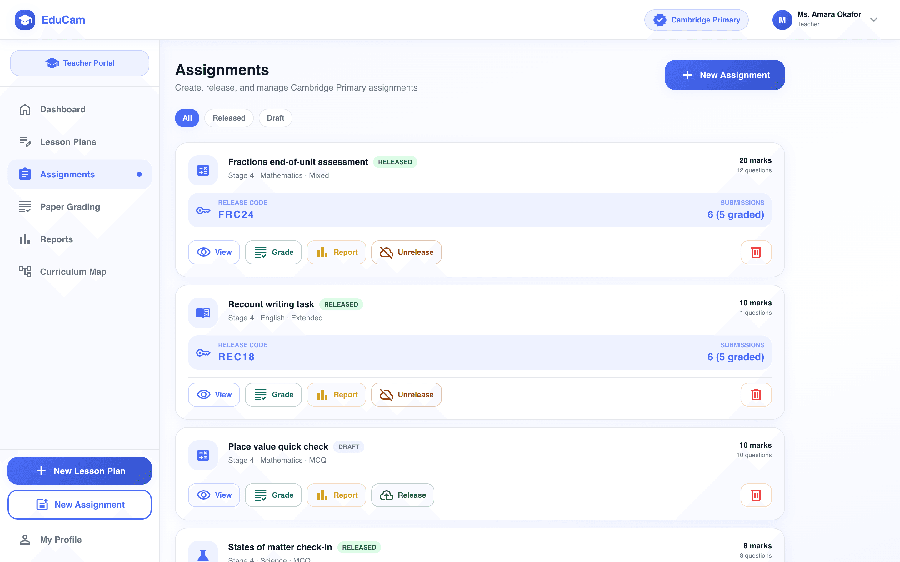 EduCam assignments list showing release codes and submission counts