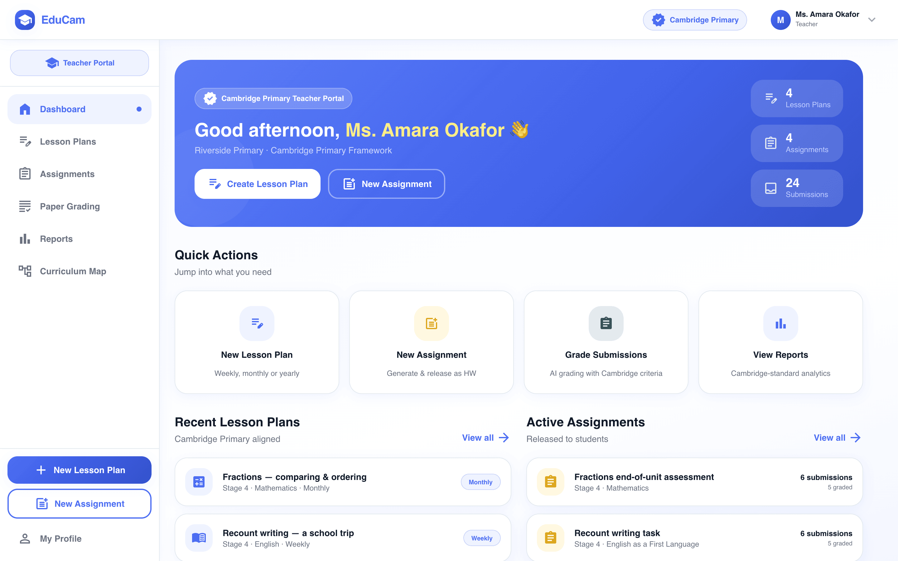 EduCam teacher dashboard showing lesson plans, assignments and submissions